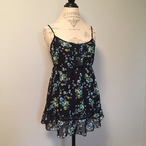 Blue Floral on Black Top/Dress Lace and Buttons